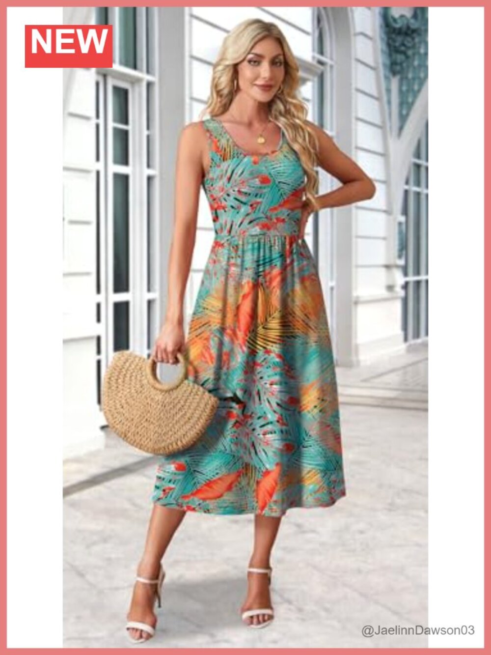 Flowy Midi Sundress with Pockets Scoop Neck A-Line Casual Beach Dress - Picture 2 of 6